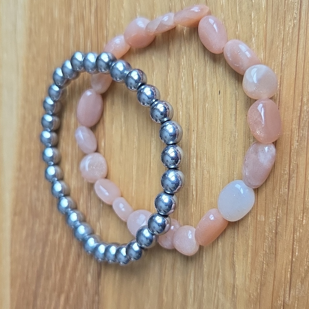 Silver Hematite & Orange Sunstone Bead Stretch Bracelet Set, Hand Crafted - Picture 10 of 13